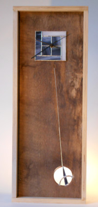 Danish Rustic 3--
baltic plywood, barn wood, clock works, stained glass--26" x 12" x 3"
--$165