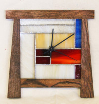 Mission Style Hanging Window Clock--oak, stained glass with clock--12" x 12"--$150