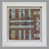 A Stitch in Time - Baltic plywood, rusted steel, clockworks - 14" x 14" x 1.5 inches - $330 clock - Baltic plywood, rusted steel, quartz clockworks